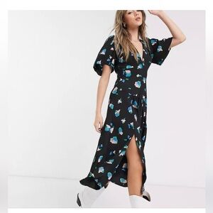 Topshop Black and Blue Floral Midi Dress Sz 12
